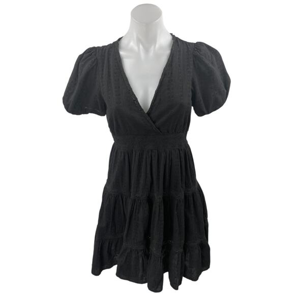 Zara Black Embroidered V-Neck Short Puff Sleeve Tiered Mini Fit & Flare Dress XS - Picture 1 of 4